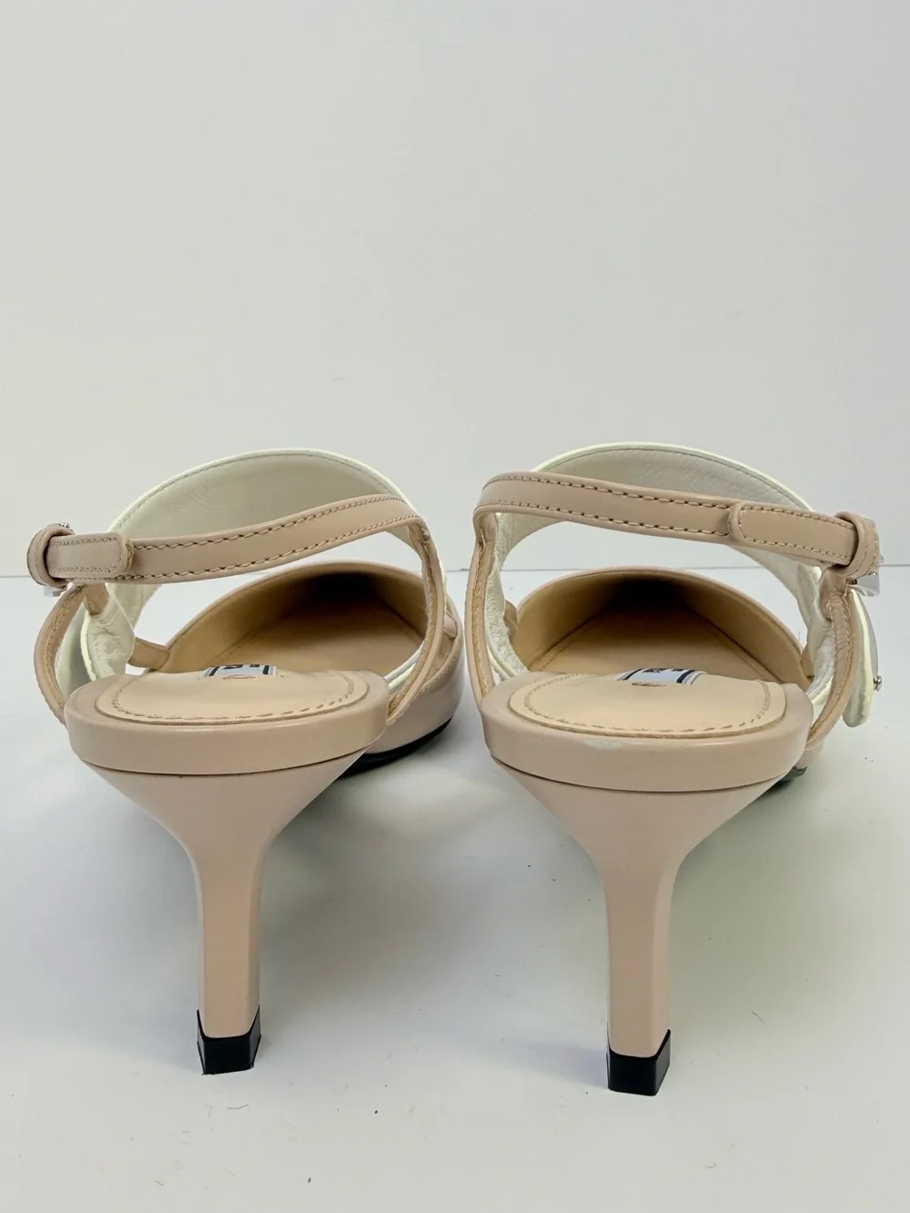 Prada Triangle Logo Mary Jane Slingback Nude Ivory Leather Heel pumps EU 38.5